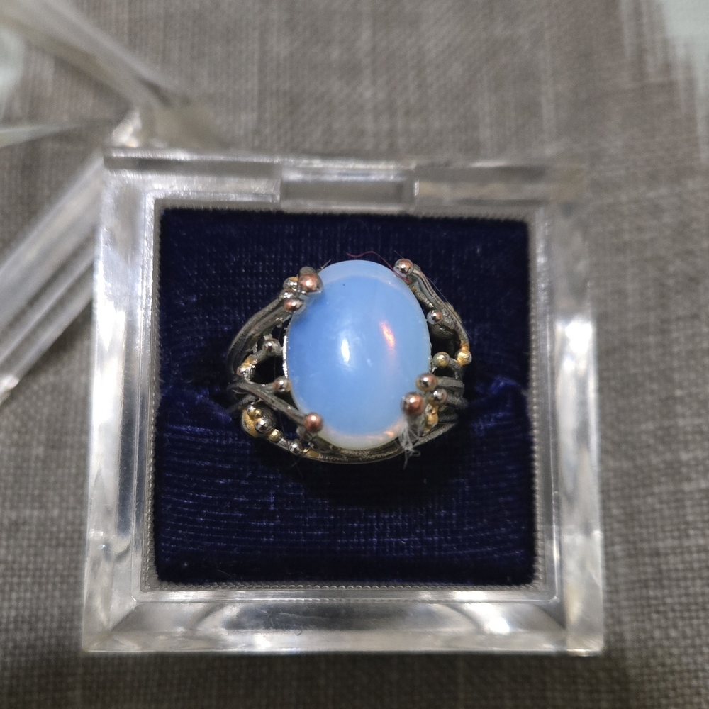 Vibrant Opal Ring Light Brilliant Blue With Silver And Gold Accents. Gorgeous! - Picture 2 of 6